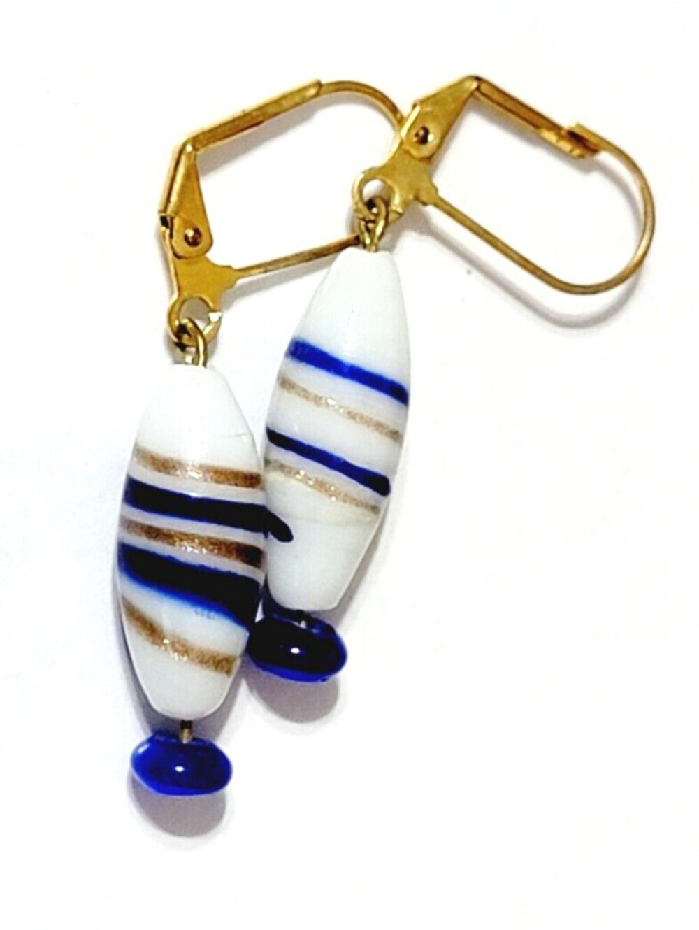 Vintage Venetian Glass Pierced Earrings Long Dangle Blue White Art Glass bp-41